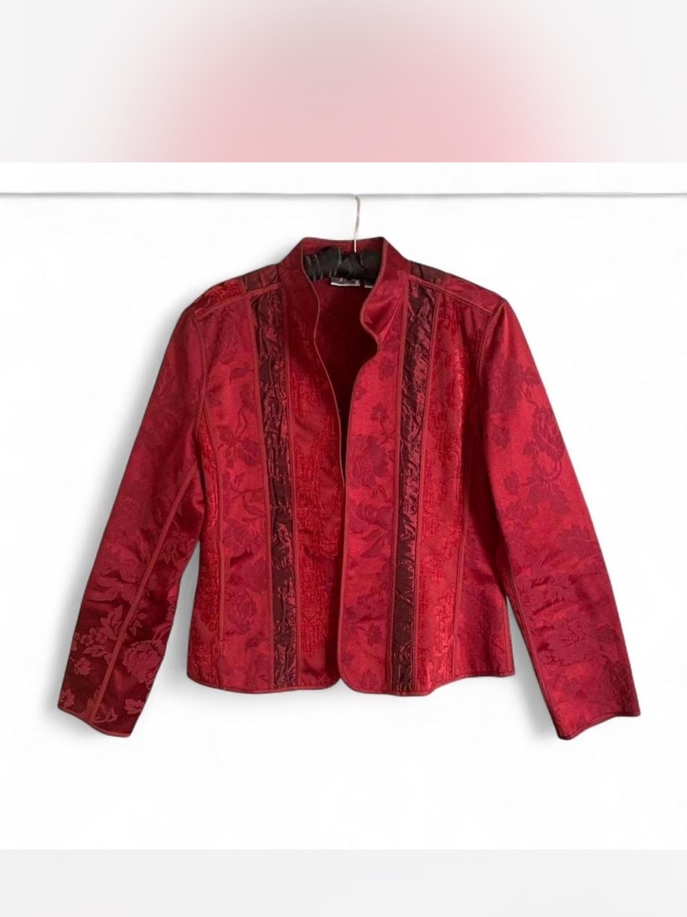 Bold Bohochic Elegant Chico's Dark Red Brocade Open-Front Jacket size 1 (L)